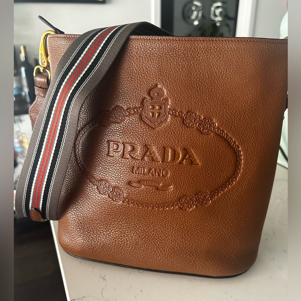 Prada Vitello Phenix Caramel Leather Guitar Stripe Strap Bucket